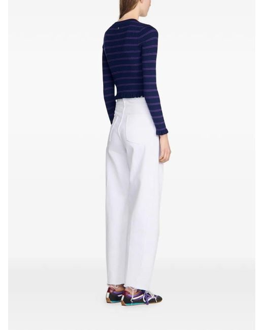 Sandro Blue Striped Ruffle-Trim Cardigan