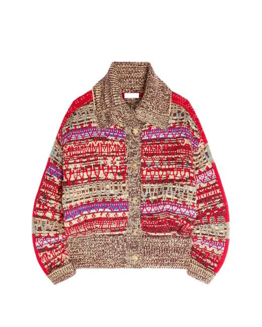 Dries Van Noten Red Jacquard Wool Cardigan