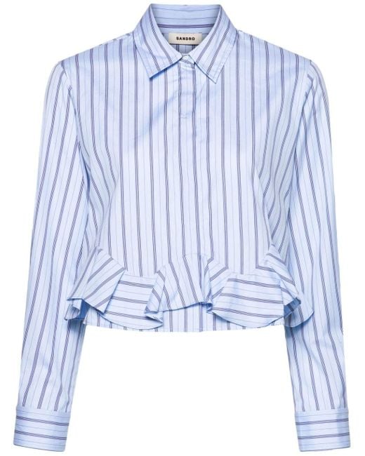Sandro Blue Ruffled-detailing Striped Shirt