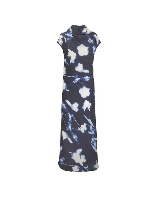 Lela Rose Blue Floral-Print Cowl-Neck Maxi Dress