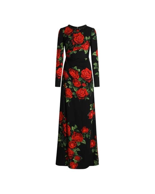 Dolce & Gabbana Red Rose-Print Charmeuse Maxi Dress