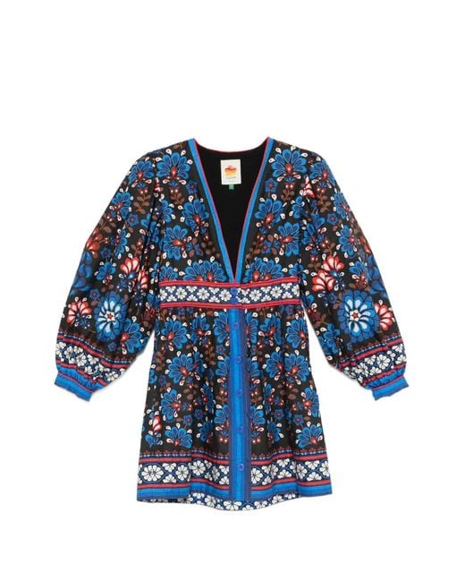 Farm Rio Blue Latina Scarf V-Neck Mini Dress