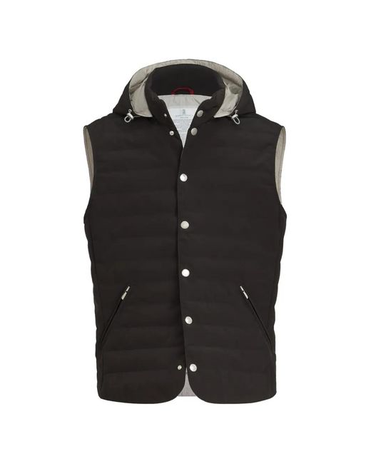Brunello Cucinelli Black Bonded Nylon Down Vest With Detachable Hood for men