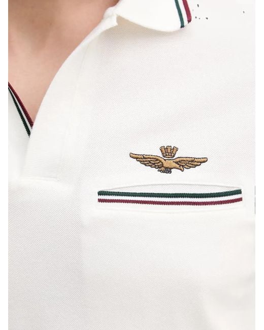 Aeronautica Militare White Logo-Embroidered Striped-Trim Polo Shirt for men