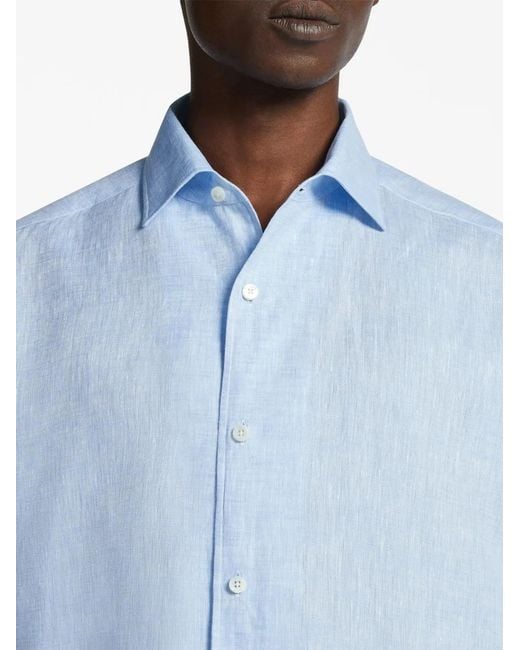 Zegna Blue Long-Sleeve Linen Shirt for men