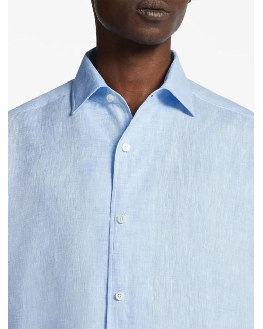Zegna Blue Long-Sleeve Linen Shirt for men