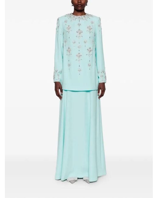 Dina Melwani Blue Crystal-Embellished Long-Sleeve Maxi Dress