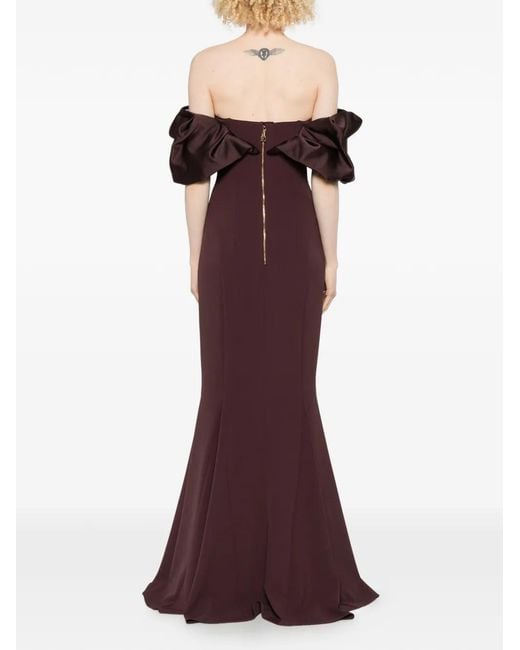 PRONOVIAS THE PARTY EDIT Purple X Elisabetta Franchi Ruffled Off-The-Shoulder Dress
