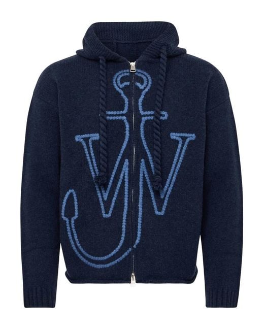 J.W. Anderson Blue Zip-Up Hooded Sweater With Contrasting Logo for men
