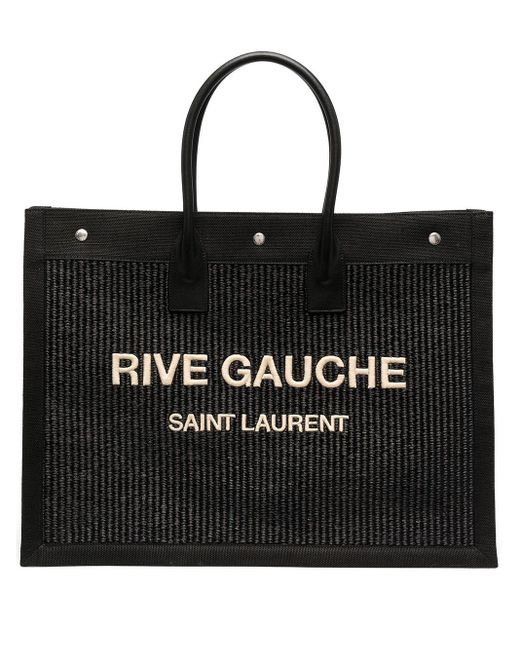 Saint Laurent Leather Rive Gauche Straw Tote Bag in Black | Lyst