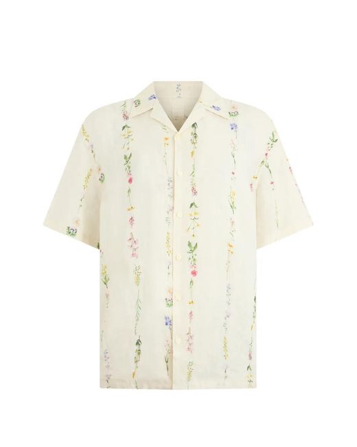 120% Lino White Floral-Print Linen Shirt for men