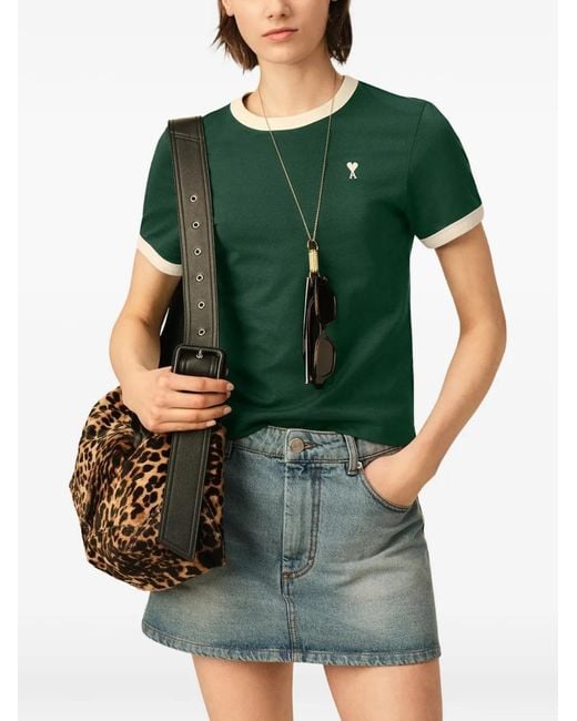 AMI Green T-Shirt En Coton Contrasté Avec Ami De Cœur