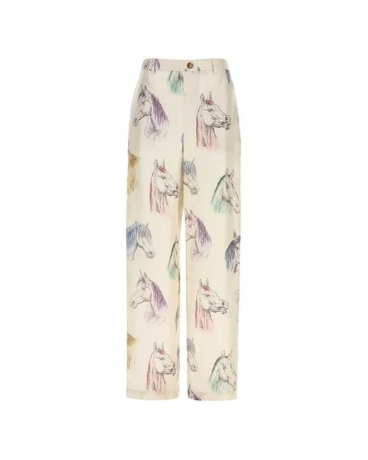 Moschino White Horse-Print Straight-Leg Trousers