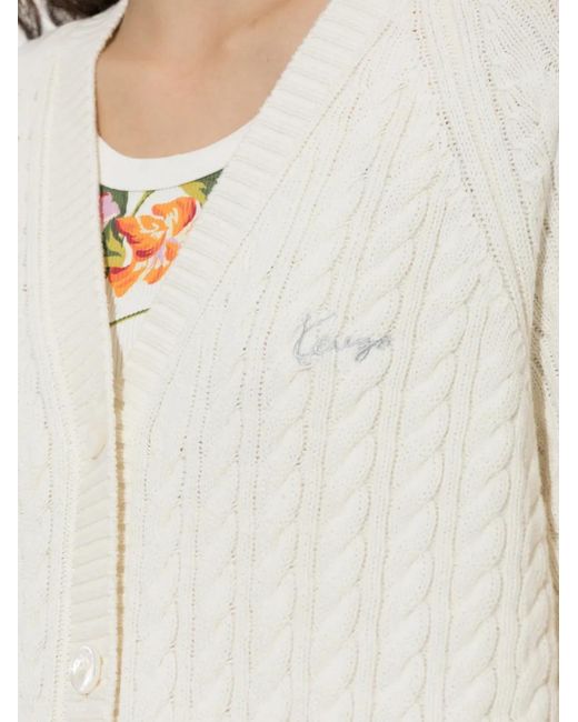 KENZO White Cable-Knit Embroidered-Logo Cardigan