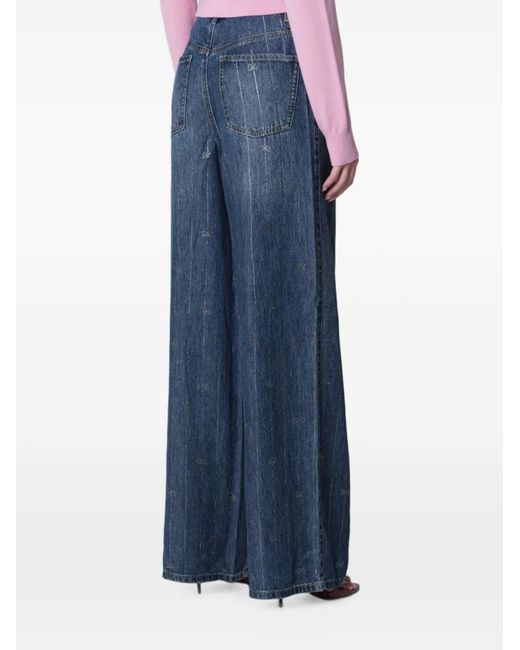 Self-Portrait Blue Rhinestone-Embellished Bow-Print Jeans