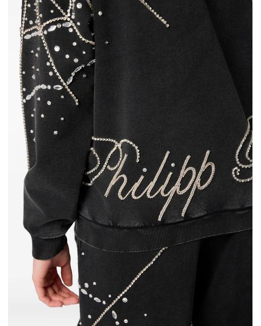 Philipp Plein Black Spiderweb Strass Round Neck Sweatshirt