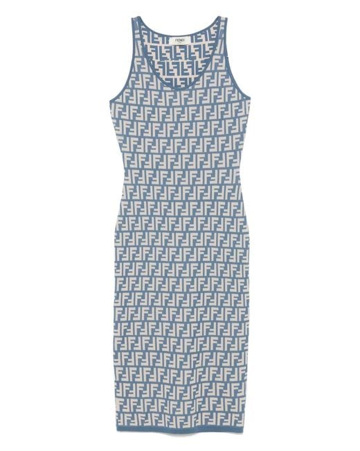 Fendi Blue Ff Cotton Sleeveless Longuette Dress
