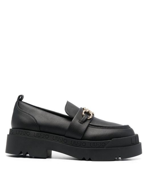 Liu Jo Leather Logo-plaque Slip-on Loafers in Black | Lyst