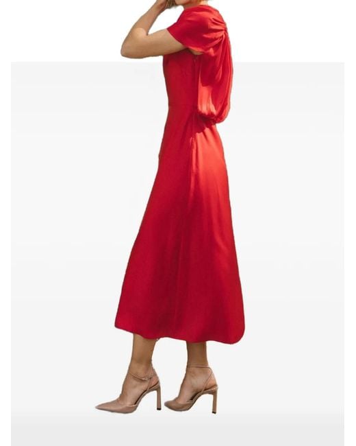Cherubina Red Lux Ruched-Sleeve V-Neck Midi Dress