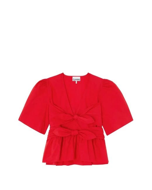 Ganni Red Bow-Detail Peplum-Hem Blouse