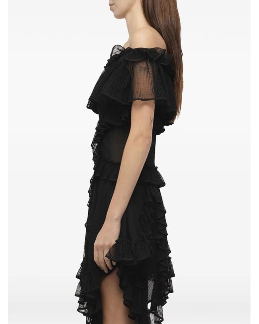 McQueen Black Frilled Off Shoulder Asymmetric Dress