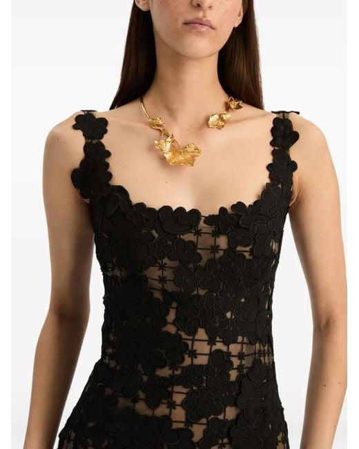 Oscar de la Renta Black Floral Cut-Out Threadwork Gown