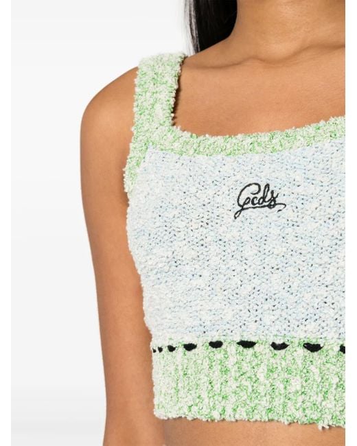 Gcds Green Logo-Embroidered Bouclé Cropped Top