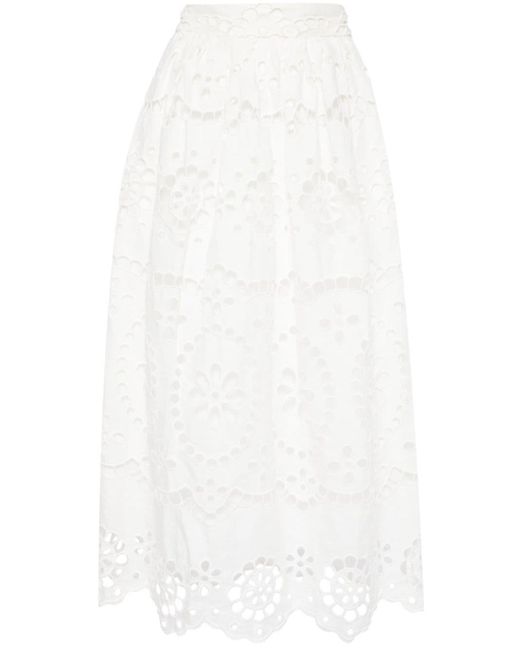 Zimmermann White Lexi Embroidered Linen Midi Skirt