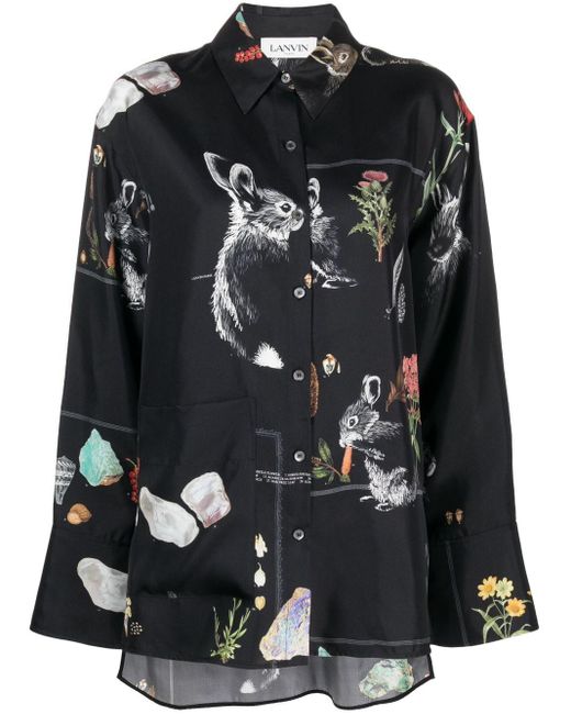 Lanvin Black Botanical-print Silk Shirt