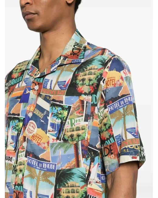 Rhude Blue Postcard Mini Silk Shirt For for men