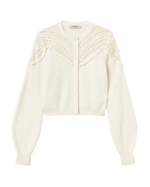 Twinset White Crochet-Detail Ribbed Cardigan
