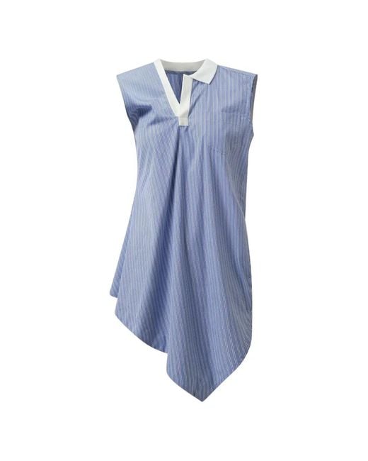 Sacai Blue Asymmetric-Hem Striped Blouse