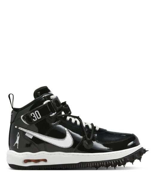 NIKE X OFF-WHITE Black + Off-white Air Force 1 Embroidered Patent-leather High-top Sneakers