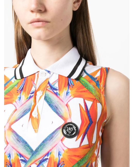 Philipp Plein White Floral-Print Sleeveless Cotton Polo Top