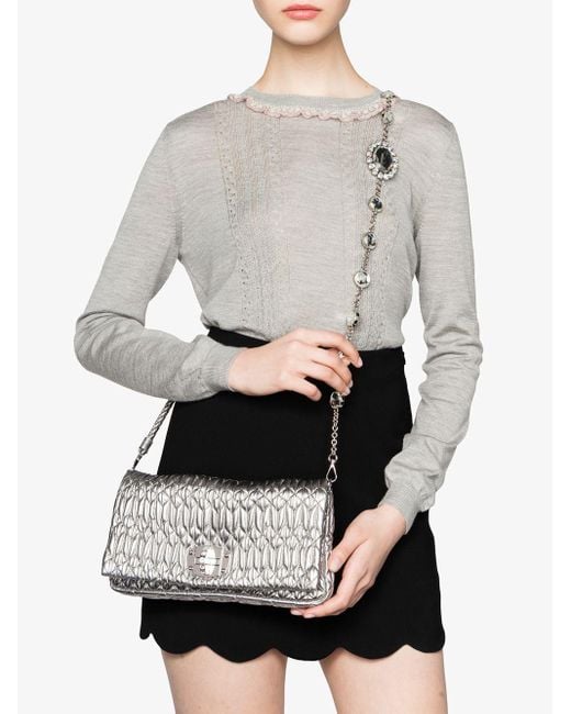 Miu Miu Leather Iconic Crystal Crossbody Bag in Silver (Metallic) Lyst