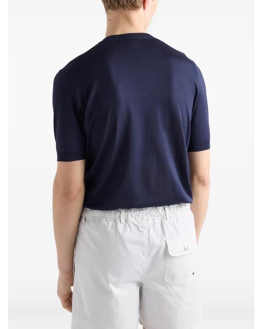 Prada Blue Short-Sleeved Silk Sweater for men