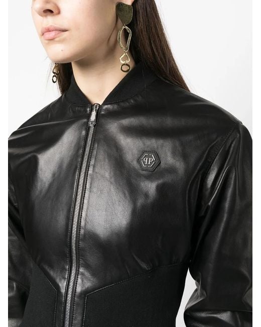 Philipp Plein Black Leather Bomber Jacket
