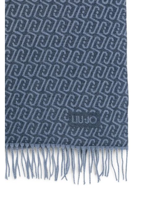Liu Jo Blue Logo-Pattern Fringed Scarf