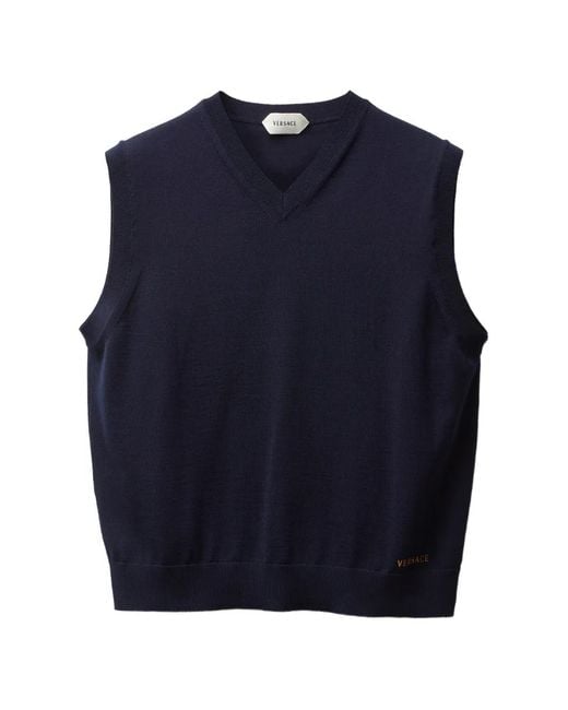 Versace Blue Embroidered Wool Knit Vest for men