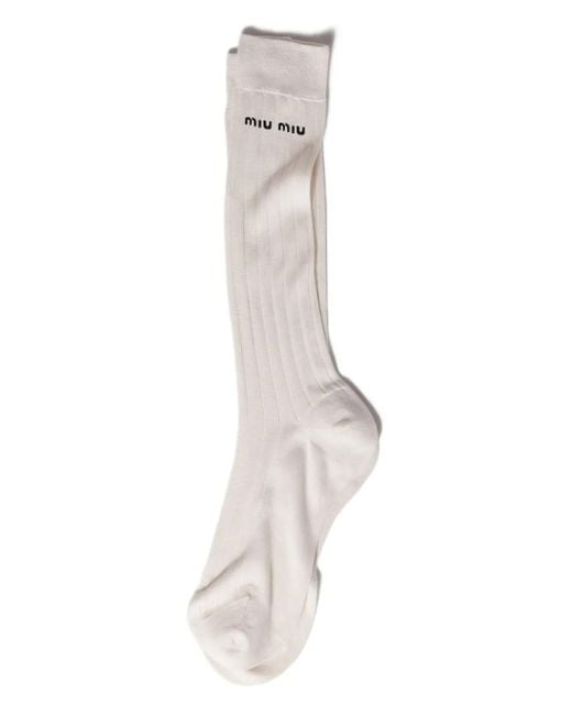 Miu Miu White Ribbed Embroidered-Logo Socks