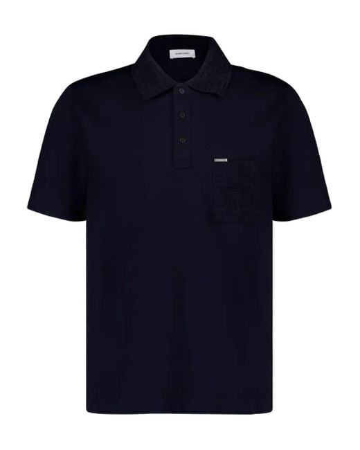 Ferragamo Blue Embossed-collar Pocket Polo Shirt for men