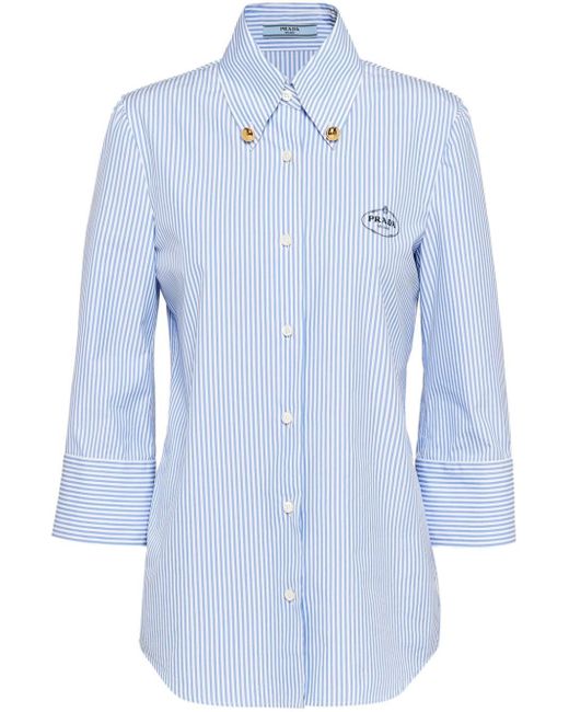 Prada Blue Shirt In Stripe And Embroidery Clothing