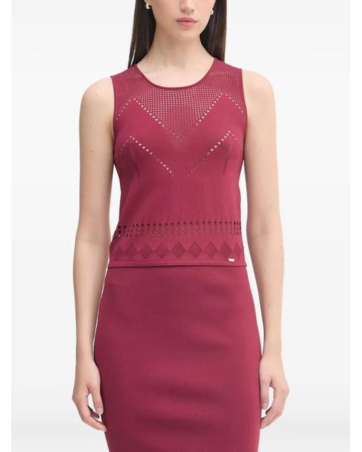GAUDI Red Pointelle-Knit Keyhole-Back Top