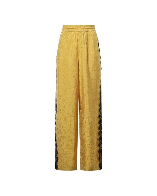 Pinko Yellow Lace-Trim Floral-Jacquard Trousers