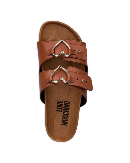 Love Moschino Brown Heart-Buckle Leather Slides