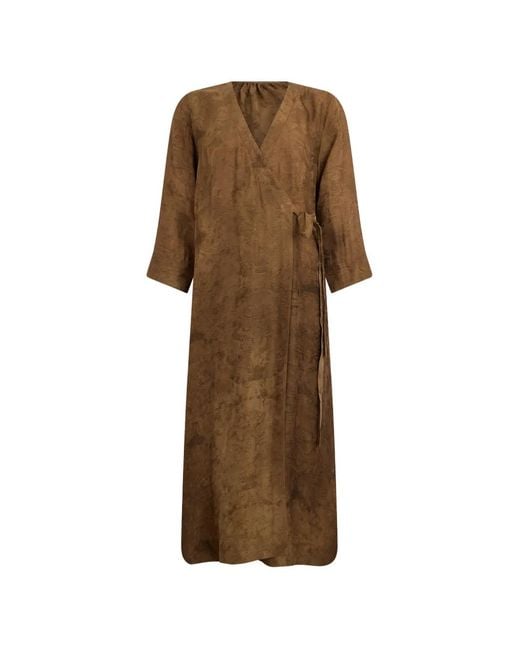 Uma Wang Natural Maxi Damask-Pattern Wrap Dress