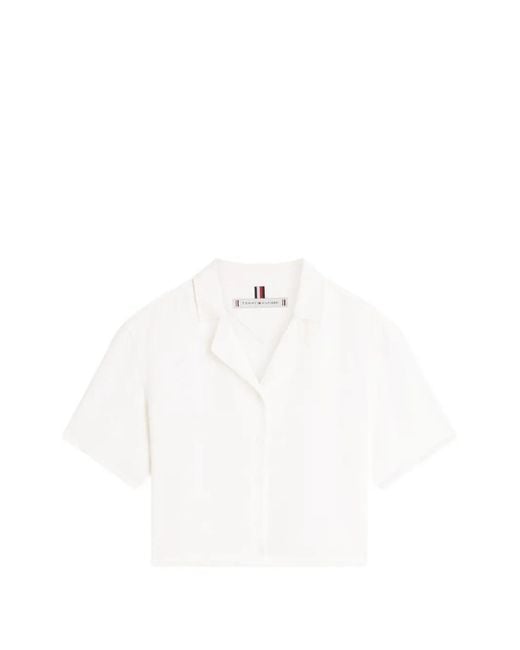 Tommy Hilfiger White Frayed-Edge Camp-Collar Blouse