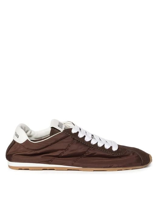 Miu Miu Brown Plume Technical Fabric And Suede Sneakers