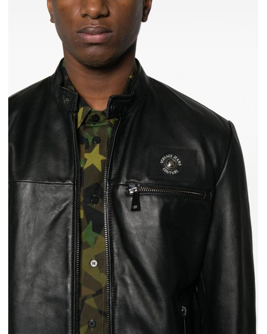 Versace Black Logo-patch Leather Jacket for men