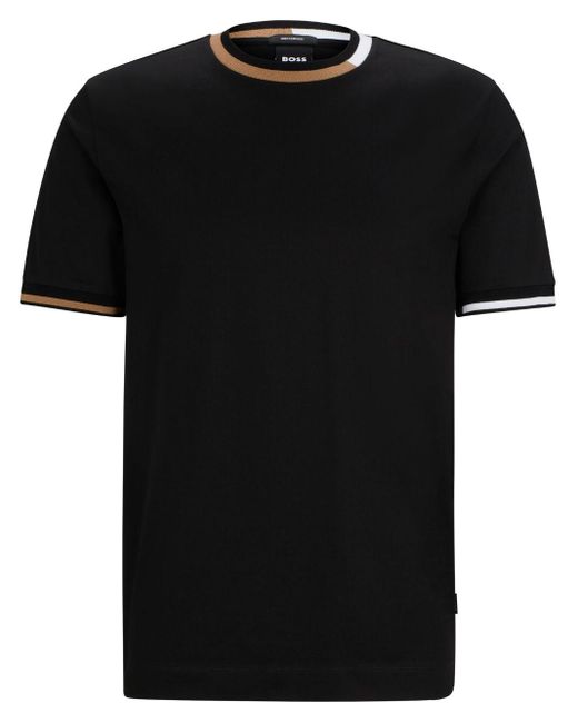 Boss Black Stripe-trimmed Cotton T-shirt for men